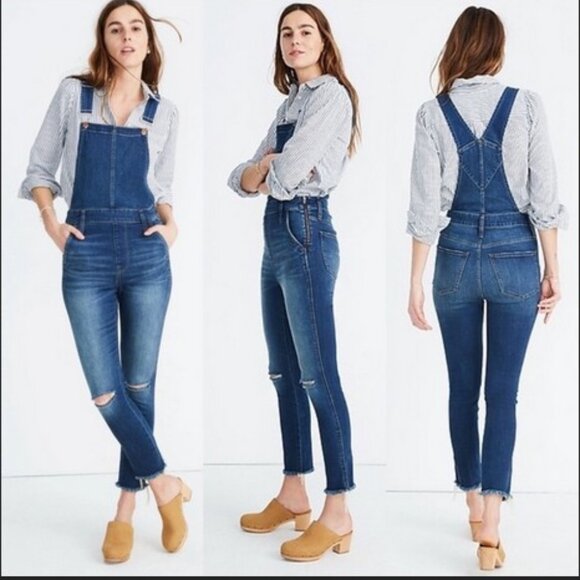 Madewell Roadtripper Blue Denim Stretch Cotton Distressed Overalls - Picture 2 of 14